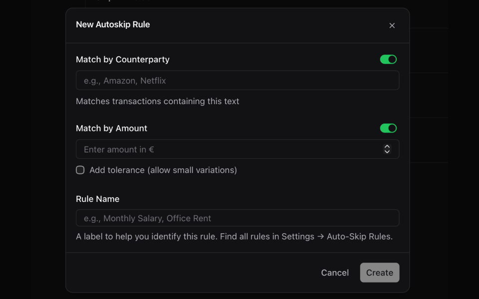 Belegdog — auto-skip rules for transactions without invoices