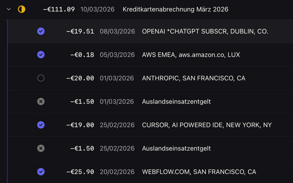 Belegdog credit card statement split into purchases, each with its own status: matched, missing, or skipped
