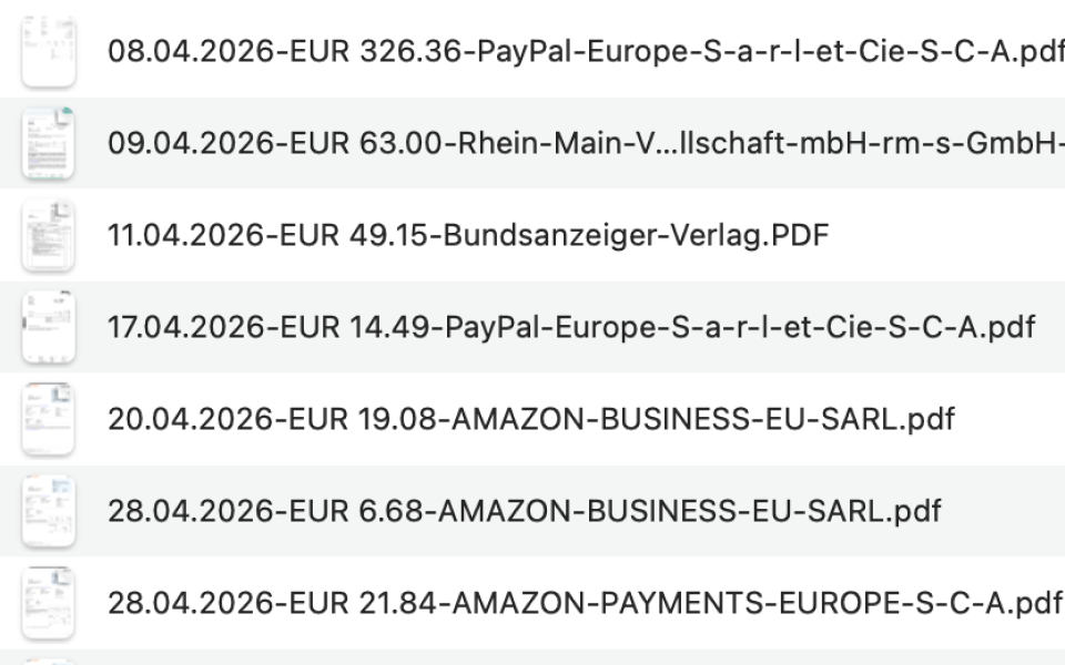 Belegdog export: invoice files cleanly named by date, amount and vendor, ready for the tax accountant