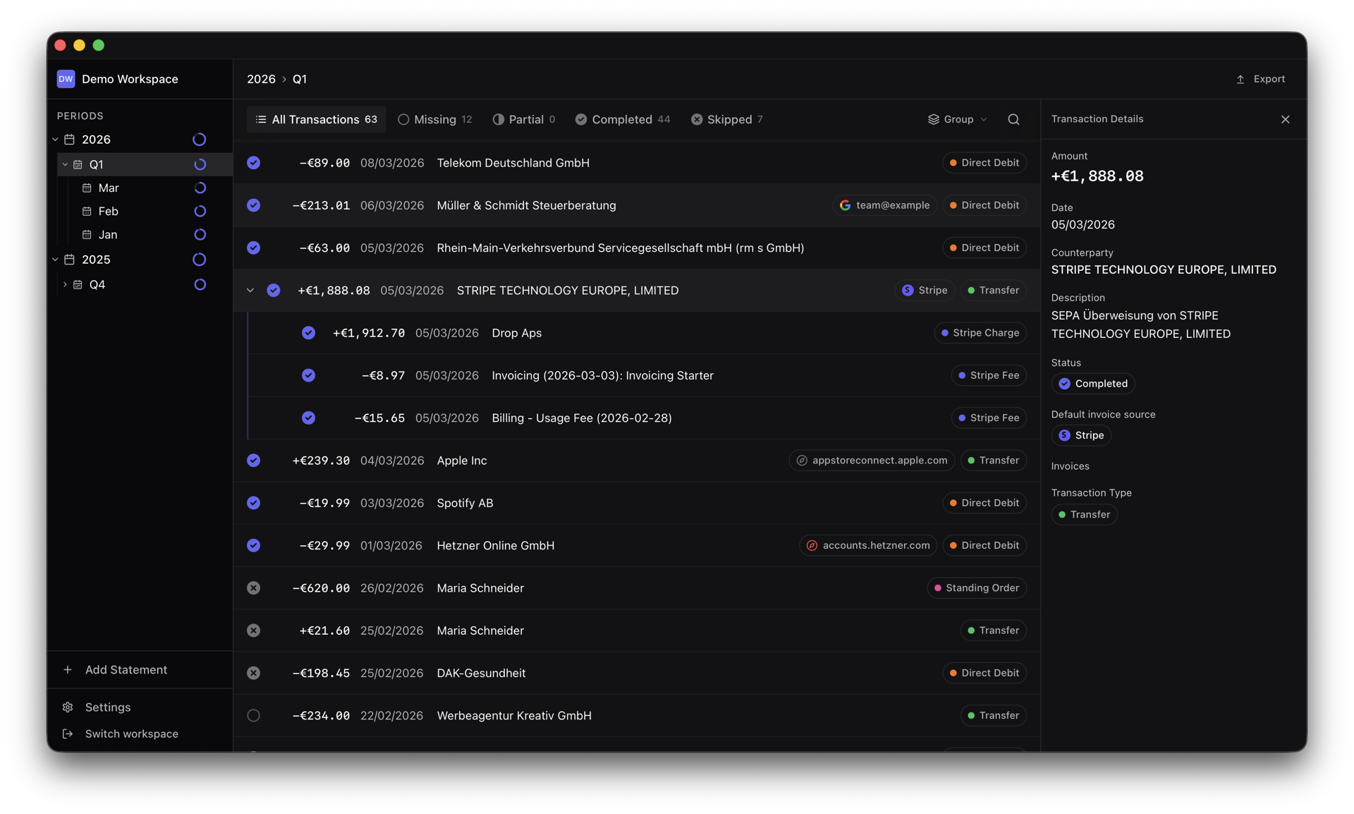 Belegdog on macOS: grouped bank transactions with matched invoices, a split Stripe payout, and the transaction inspector