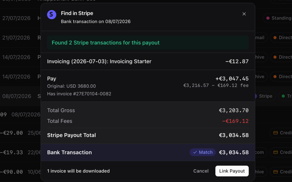 Belegdog — Stripe payout expanded into charges & fees
