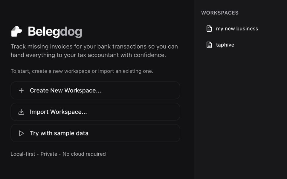 Belegdog — switch between workspaces per company or account
